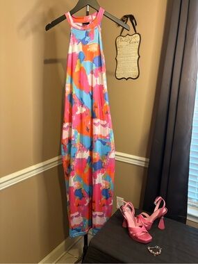 SHEIN Pink Multicolor Abstract Halter Maxi Dress